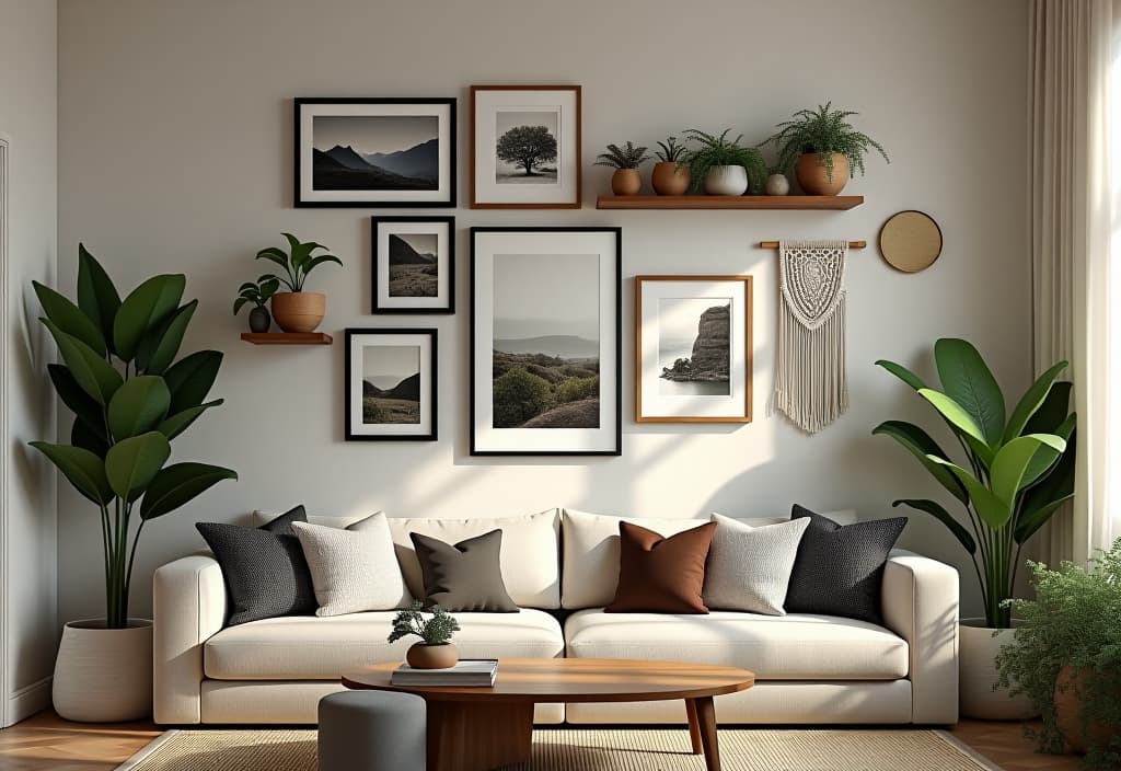  a landscape photo of a gallery wall featuring a mix of framed prints, floating shelves with plants, and diy macramé wall hangings hyperrealistic, full body, detailed clothing, highly detailed, cinematic lighting, stunningly beautiful, intricate, sharp focus, f/1. 8, 85mm, (centered image composition), (professionally color graded), ((bright soft diffused light)), volumetric fog, trending on instagram, trending on tumblr, HDR 4K, 8K