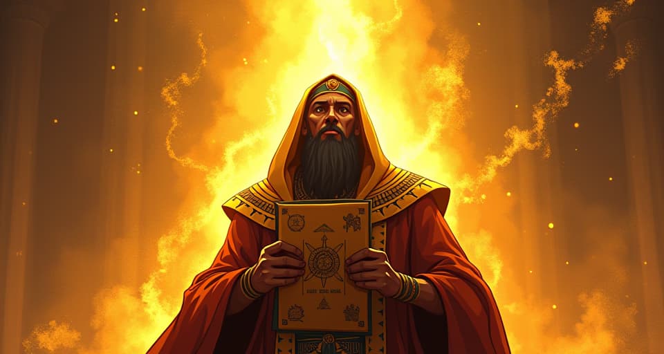  an ancient egyptian priest in elaborate robes, surrounded by rising golden energy, struggling to comprehend the profound force radiating from a sacred scroll.. the style is digital art illustration / modern comic book / mysterious occult, symbolic, esoteric vibe,high detail on character design, incorporating ancient egyptian symbology and attire.