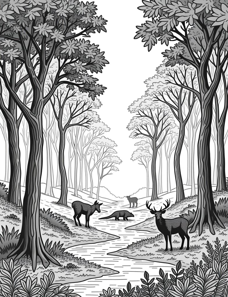  a forest scene with trees and animals in silhouette, black and white line art on a white background, for an adult coloring page.