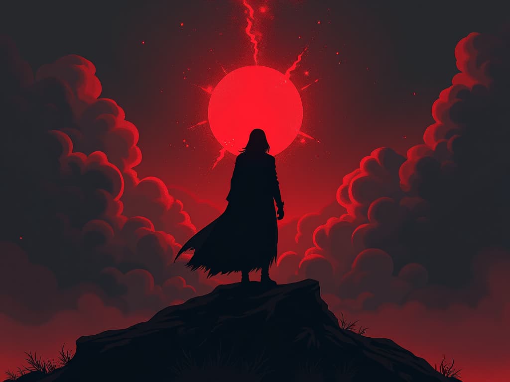  figure standing tall, looking towards horizon, dark past behind, glow of new possibility ahead. the style is digital art illustration / modern comic book / graphic dark novel fantasy and mysterious occult, symbolic, moody lighting, esoteric vibe,high detail on character design. for the color scheme emphasize blacks and reds.