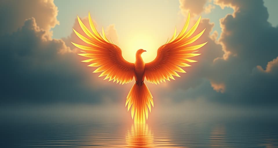  ethereal phoenix with radiant plumage, hovering above a shimmering lake, its wings ablaze, atmosphere of sustaining and intensifying divine love. the style is digital art illustration,highly detailed, whimsical,magical, dreamlike atmosphere, realism and fantasy blend, smooth, glossy textures,luminous quality, wonder and enchantment.