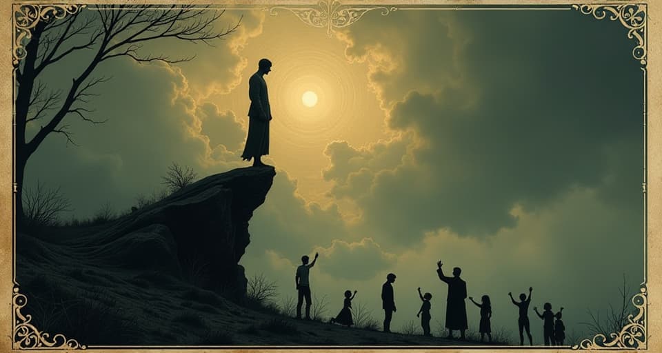  a lone figure on an elevated platform, silhouettes below with hands reaching up but unable to touch, dim evening background, aura of divine elevation, sense of sacred separation. an illustration in the style of a worn, mystical old tarot trump card, mysterious and elements of surrealism. the colors are muted, somber and eerie, but with contrast bring out an occult and esoteric vibe.