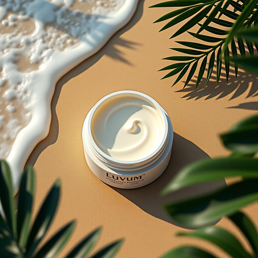  hdr photo of realistic image of 8k ultrahd, top view, ocean, sandy beach, tropical vegetation, on the beach lies a huge jar with spf +50 cream brand luvum . high dynamic range, vivid, rich details, clear shadows and highlights, realistic, intense, enhanced contrast, highly detailed