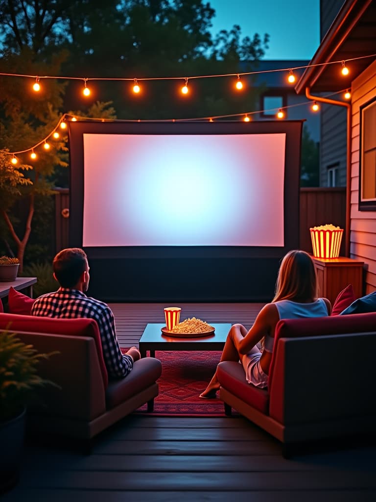  high quality portrait photo of an outdoor movie night setup on a patio, featuring a large projection screen, comfortable lounge seating, and a popcorn station, with fairy lights strung overhead hyperrealistic, full body, detailed clothing, highly detailed, cinematic lighting, stunningly beautiful, intricate, sharp focus, f/1. 8, 85mm, (centered image composition), (professionally color graded), ((bright soft diffused light)), volumetric fog, trending on instagram, trending on tumblr, HDR 4K, 8K