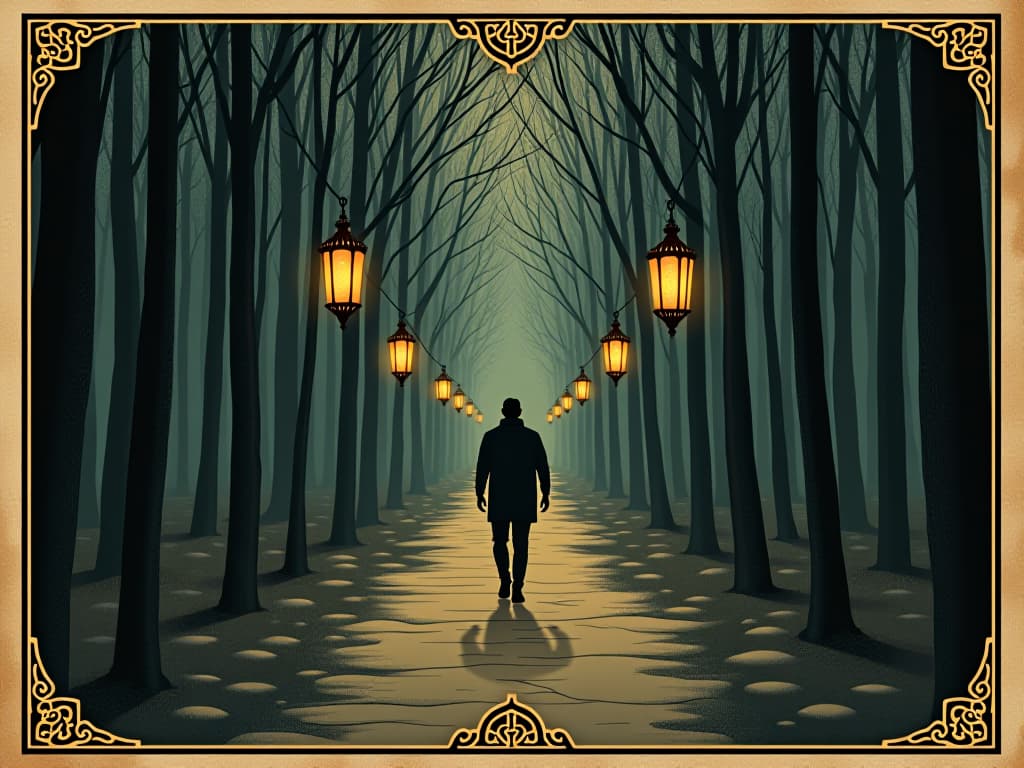  a lone path illuminated by a series of floating lanterns, dark woods on either side, firm steps, autonomy, resolve. an illustration in the style of a worn, mystical old tarot trump card, mysterious and elements of surrealism. the colors are muted, somber and eerie, but with contrast bring out an occult and esoteric vibe.