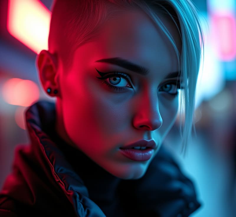  ultra realistic close up portrait ((beautiful pale cyberpunk female with heavy black eyeliner)), blue eyes, shaved side haircut, hyper detail, cinematic lighting, magic neon, dark red city, canon eos r3, nikon, f/1.4, iso 200, 1/160s, 8k, raw, unedited, symmetrical balance, in frame, 8k hyperrealistic, full body, detailed clothing, highly detailed, cinematic lighting, stunningly beautiful, intricate, sharp focus, f/1. 8, 85mm, (centered image composition), (professionally color graded), ((bright soft diffused light)), volumetric fog, trending on instagram, trending on tumblr, HDR 4K, 8K