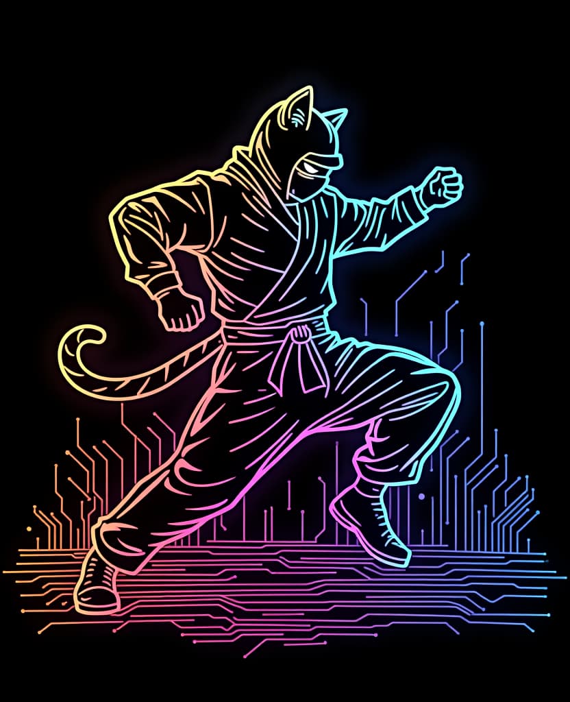  line art drawing tech bright circuit board fractal glossy bright multicolored ink sketch shiny outlines, thin contour line coloring, thin line, multicolor line, outlines of a silhouette of a ninja cat does low kick, on a black background, style of jean delville, art in minimalist style, linear icons, (linear icon:1.5), line ilustration, . professional, sleek, modern, minimalist, graphic, line art, vector graphics hyperrealistic, full body, detailed clothing, highly detailed, cinematic lighting, stunningly beautiful, intricate, sharp focus, f/1. 8, 85mm, (centered image composition), (professionally color graded), ((bright soft diffused light)), volumetric fog, trending on instagram, trending on tumblr, HDR 4K, 8K