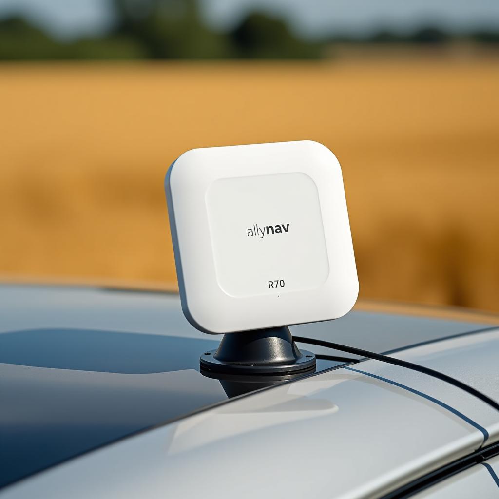  a white square gnss antenna allynav r70 on the hood of a car in wheat fields, with a map of the fields nearby.