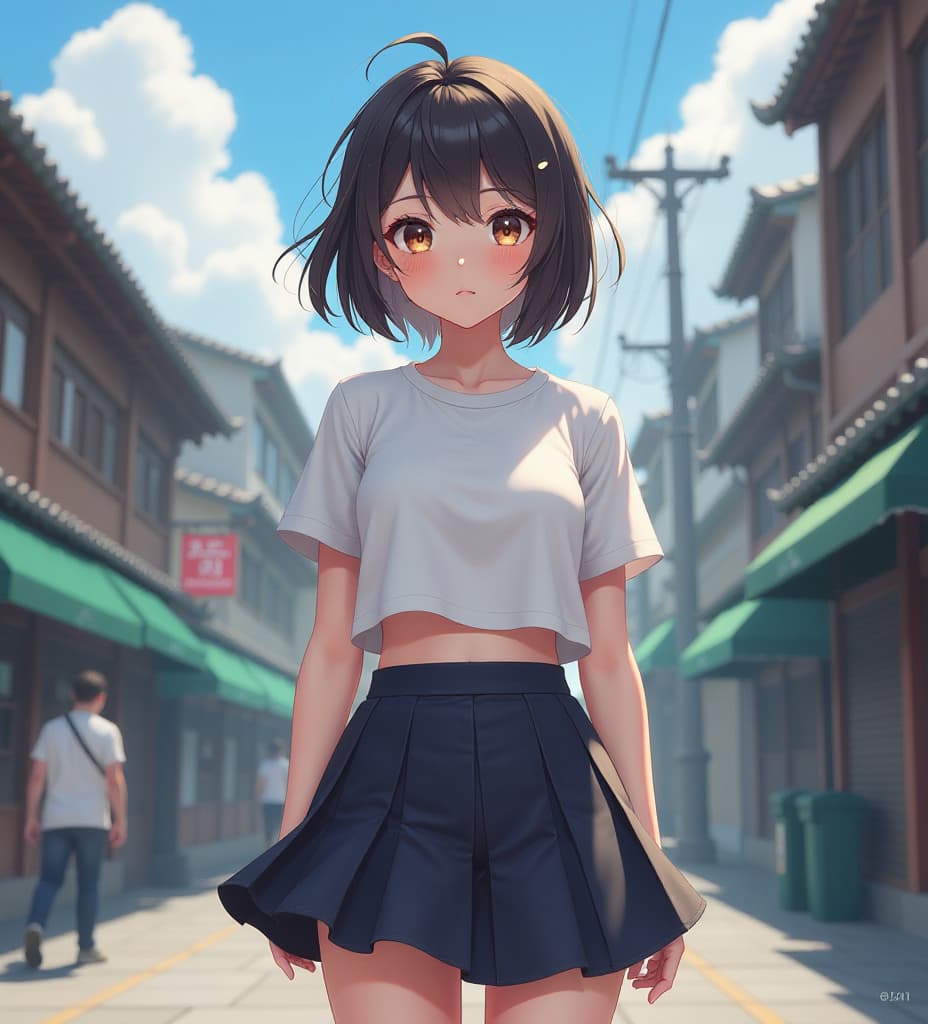  a japanese girl in crop top and short skirt, high quality, high details, hd, perfect composition, 4k epic detailed, highly detailed, sharp focus, high resolution