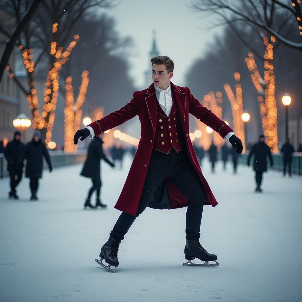  photo, young male figure skater in full growth, skating, on a street rink, in a winter suit of a russian nobleman of the 19th century, against the background of snowy moscow, in the evening, trees decorated with garlands {prompt}, maximum details