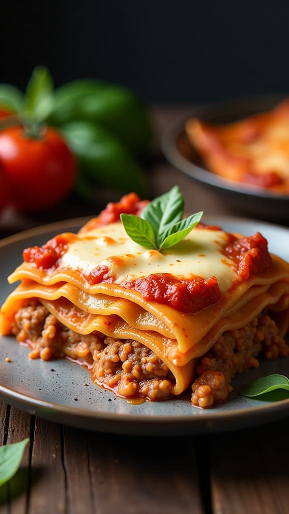  professional detailed photography, lasagna al forno: baked lasagna layered with pasta, meat sauce, béchamel, and cheese. a classic italian comfort food, perfect for gatherings and family meals. Поджаренный замеченный верх ar 9:16, (muted colors, dim colors, soothing tones), (vsco:0.3)