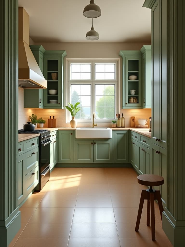  high quality portrait photo of a trendy kitchen with sage green cabinets and light cork flooring, photographed from the entrance to highlight the contrast and eco friendly appeal hyperrealistic, full body, detailed clothing, highly detailed, cinematic lighting, stunningly beautiful, intricate, sharp focus, f/1. 8, 85mm, (centered image composition), (professionally color graded), ((bright soft diffused light)), volumetric fog, trending on instagram, trending on tumblr, HDR 4K, 8K