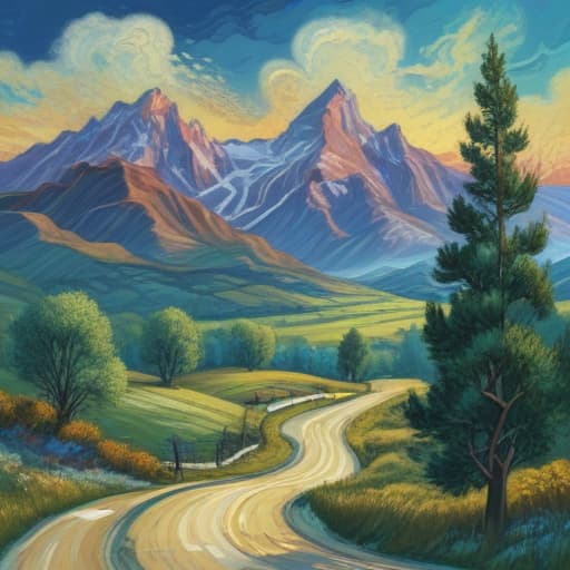 Mountains, trees, field, winding road, new car in Van Gogh style