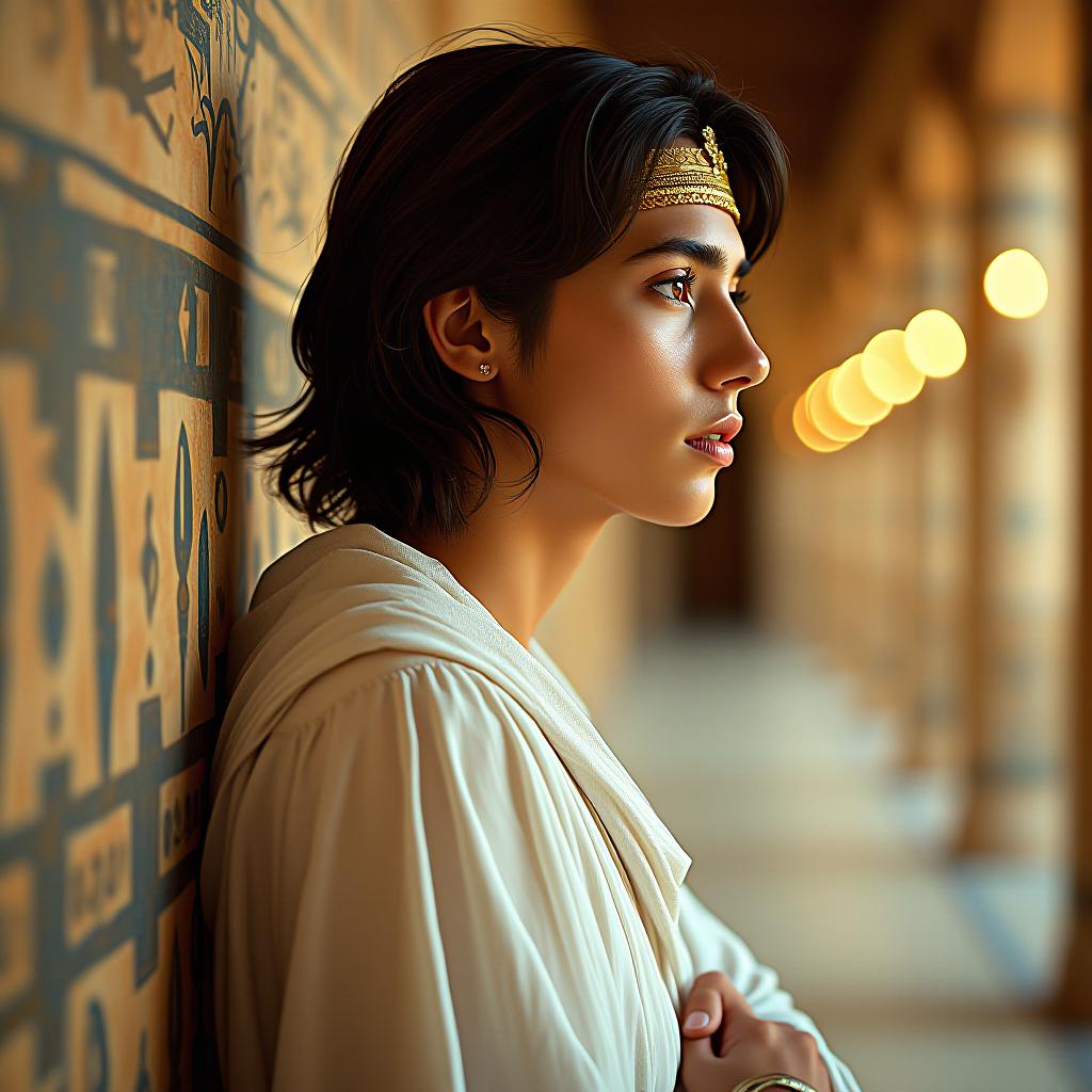  cinematic photo pastel colors; an incredibly handsome twenty ancient egyptian guy is waiting for someone in the corridor of an ancient egyptian building, leans against the wall and turns around; he is dressed in exquisite ancient egyptian clothes made of snow white linen and wears ancient egyptian jewelry; he has pleasant, pretty facial features; his face is smoothly ; he has light skin that is unusual for an egyptian; he has lush straight hair to his shoulders, and a straight bang covers his forehead; the corridor where the guy is decorated with ancient egyptian jewelry; his bright bright lighting lights . 35mm photograph, film, bokeh, professional, 4k, highly detailed