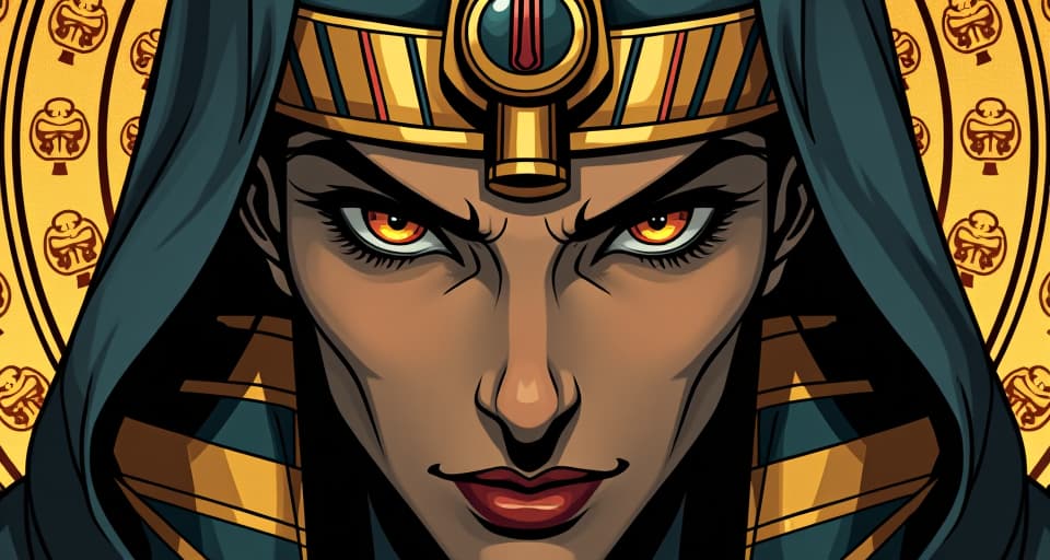  close up of figure's face, eyes sharp and focused, background of ancient egyptian motifs, symbolizing clarity and sharp thoughts.. the style is digital art illustration / modern comic book / mysterious occult, symbolic, esoteric vibe,high detail on character design, incorporating ancient egyptian symbology and attire.