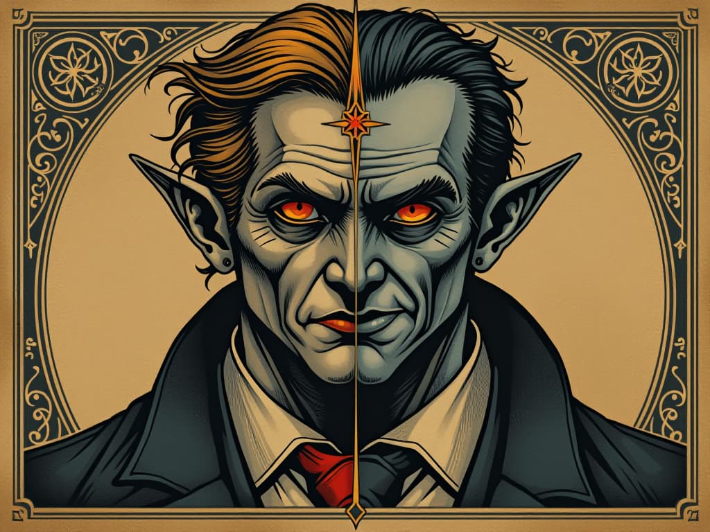  two faced individuals, one side friendly the other sinister, plotting downfall. an illustration in the style of a worn, mystical old tarot trump card, mysterious and elements of surrealism. the colors are muted, somber and eerie, but with contrast bring out an occult and esoteric vibe.