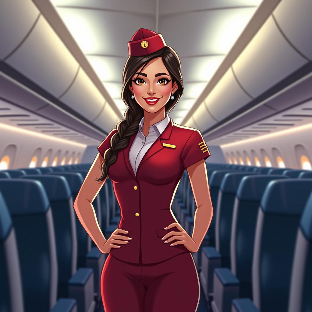  concept art flight attendant stands smiling, background plane cabin . digital artwork, illustrative, painterly, matte painting, highly detailed