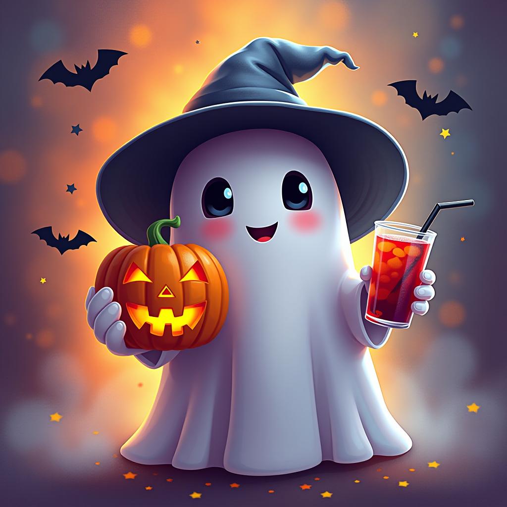  create a digital painting featuring a cute ghost character. the ghost should be wearing a hat. in one hand, the ghost should hold a pumpkin with a carved face, and in the other hand, a halloween themed drink. the background should be colorfull and include small black bats and stars to add a playful halloween touch. the overall style should be cute, whimsical, and colorful hyperrealistic, full body, detailed clothing, highly detailed, cinematic lighting, stunningly beautiful, intricate, sharp focus, f/1. 8, 85mm, (centered image composition), (professionally color graded), ((bright soft diffused light)), volumetric fog, trending on instagram, trending on tumblr, HDR 4K, 8K