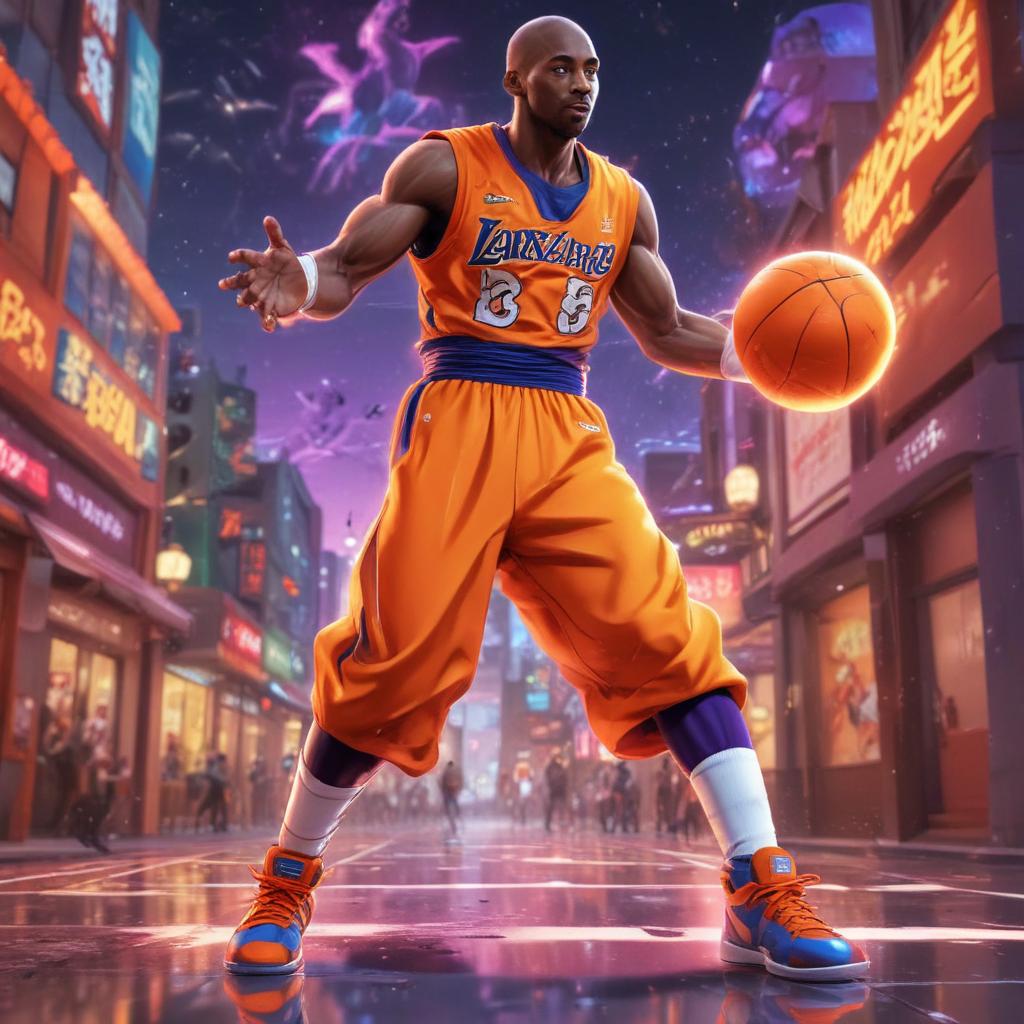 distance-shot, flashy, full-body, dynamic, holographic, animated cartoon poster of kobe scene in the style of dragon ball super