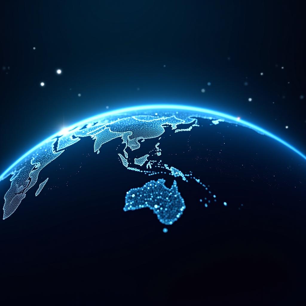  a digital representation of the earth from space, shown as a curved globe occupying the bottom third of the image. the continents are highlighted with glowing blue dots and rays of light emanating from major cities, indicating global connectivity. the globe is depicted from a slightly tilted angle, showing north america, europe, and parts of asia and africa. the background features a deep blue gradient with scattered small glowing stars, creating a sense of a digital universe. hyperrealistic, full body, detailed clothing, highly detailed, cinematic lighting, stunningly beautiful, intricate, sharp focus, f/1. 8, 85mm, (centered image composition), (professionally color graded), ((bright soft diffused light)), volumetric fog, trending on instagram, trending on tumblr, HDR 4K, 8K