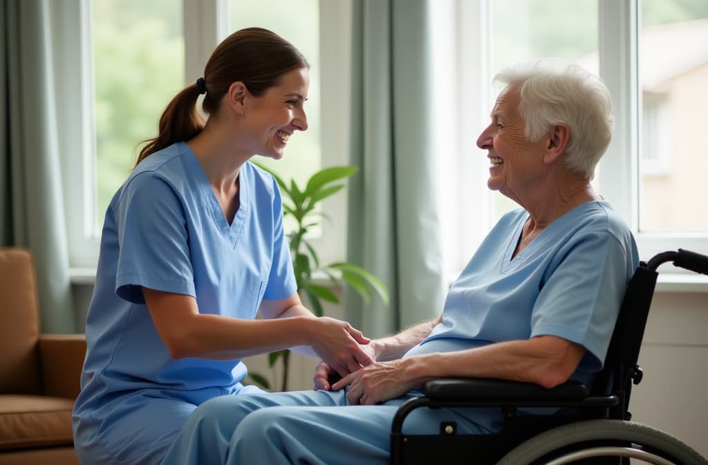  nurse, talking and senior woman on wheelchair for support or rehabilitation of medical healthcare patient. happy caregiver, retirement or person with disability at home for recovery, wellness or help ar 3:2 {prompt}, maximum details