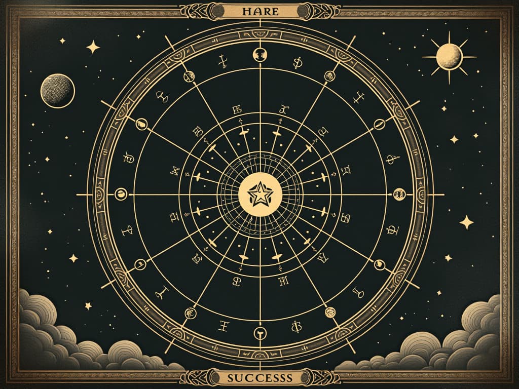  a celestial map with alignments of stars and planets, guiding lines glowing softly, symbols of growth and success embedded, dark and mysterious. an illustration in the style of a worn, mystical old tarot trump card, mysterious and elements of surrealism. the colors are muted, somber and eerie, but with contrast bring out an occult and esoteric vibe.