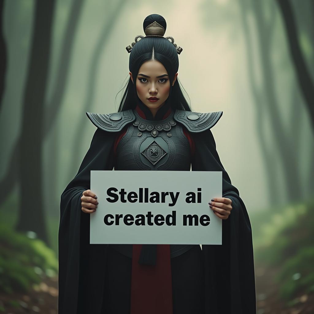  a majestic woman, wearing chinese fiction character in a movie, standing aggressively in a magical forest setting, cinematic atmosphere, photorealistic, studio lighting, holding a sign saying "stellary ai created me"