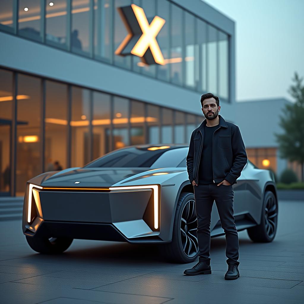  elon musk standing proudly next to his futuristic cybertruck. the setting features a modern, sleek building in the background, representing the headquarters of x (formerly known as twitter). the building has a minimalist design with large glass windows and a giant, glowing 'x' logo prominently displayed. the cybertruck, with its sharp, angular lines and metallic sheen, contrasts with the surrounding environment. musk is casually dressed, embodying a confident and visionary demeanor as he stands beside his creation hyperrealistic, full body, detailed clothing, highly detailed, cinematic lighting, stunningly beautiful, intricate, sharp focus, f/1. 8, 85mm, (centered image composition), (professionally color graded), ((bright soft diffused light)), volumetric fog, trending on instagram, trending on tumblr, HDR 4K, 8K