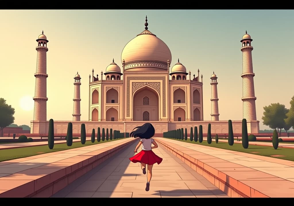  anime, anime sytle, anime image, cartoon, real cartoon, real anime, girl running on taj mahal