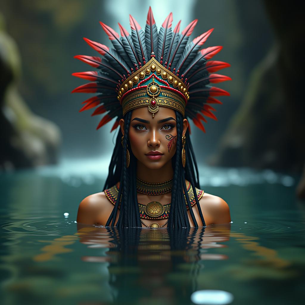  photorealistic, in the style of masatoshi usune, shun saeki and artgerm, distant view of the extremely beautiful aztec queen miahuaxihuitl in hidden mycenaean style waterfall pool psychogeography, staring straight into the camera with deep brown eyes, large ornate feathered headdress, ceremonially painted face, 8k, uhd, digital hyperrealistic, full body, detailed clothing, highly detailed, cinematic lighting, stunningly beautiful, intricate, sharp focus, f/1. 8, 85mm, (centered image composition), (professionally color graded), ((bright soft diffused light)), volumetric fog, trending on instagram, trending on tumblr, HDR 4K, 8K