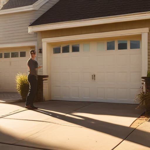 A photo of a professional garage door technician conducting a routine maintenance check in a residential suburban neighborhood in late afternoon with warm golden-hour sunlight casting long shadows and creating a soft, embracing glow around the scene.