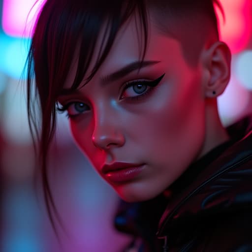  ultra realistic close up portrait ((beautiful pale cyberpunk female with heavy black eyeliner)), blue eyes, shaved side haircut, hyper detail, cinematic lighting, magic neon, dark red city, canon eos r3, nikon, f/1.4, iso 200, 1/160s, 8k, raw, unedited, symmetrical balance, in frame, 8k hyperrealistic, full body, detailed clothing, highly detailed, cinematic lighting, stunningly beautiful, intricate, sharp focus, f/1. 8, 85mm, (centered image composition), (professionally color graded), ((bright soft diffused light)), volumetric fog, trending on instagram, trending on tumblr, HDR 4K, 8K