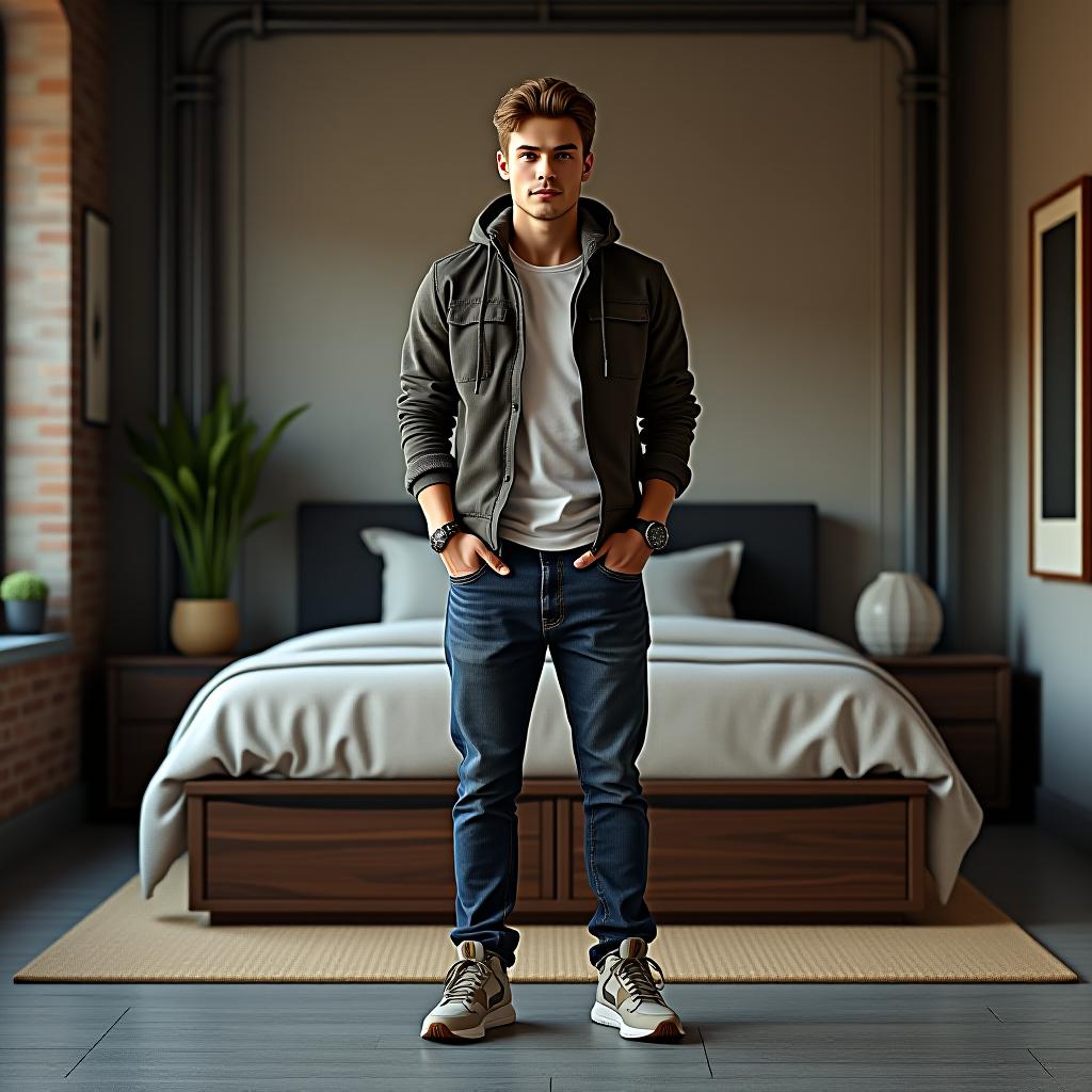  capture a hyperrealistic, unedited 8k photograph using the helblad x1d ii 50c, showcasing a 20 nordic looking young man with hair, in the master room of an industrial style home. his athletic build is accentuated by slim fit jeans, chinos, plain t shirts, casual shirts, layered jackets, hoodies, and casual shoes, complemented by accessories like watches, celets, and sungles. the image features a professionally color graded, symmetrical balance with bright soft diffused light and hdr, enhancing the stunningly beautiful, intricate details like his bright, detailed eyes, realistic skin texture, and detailed clothing. the setting is defined by raw, utilitarian elements like brick, metal, and concrete, unde