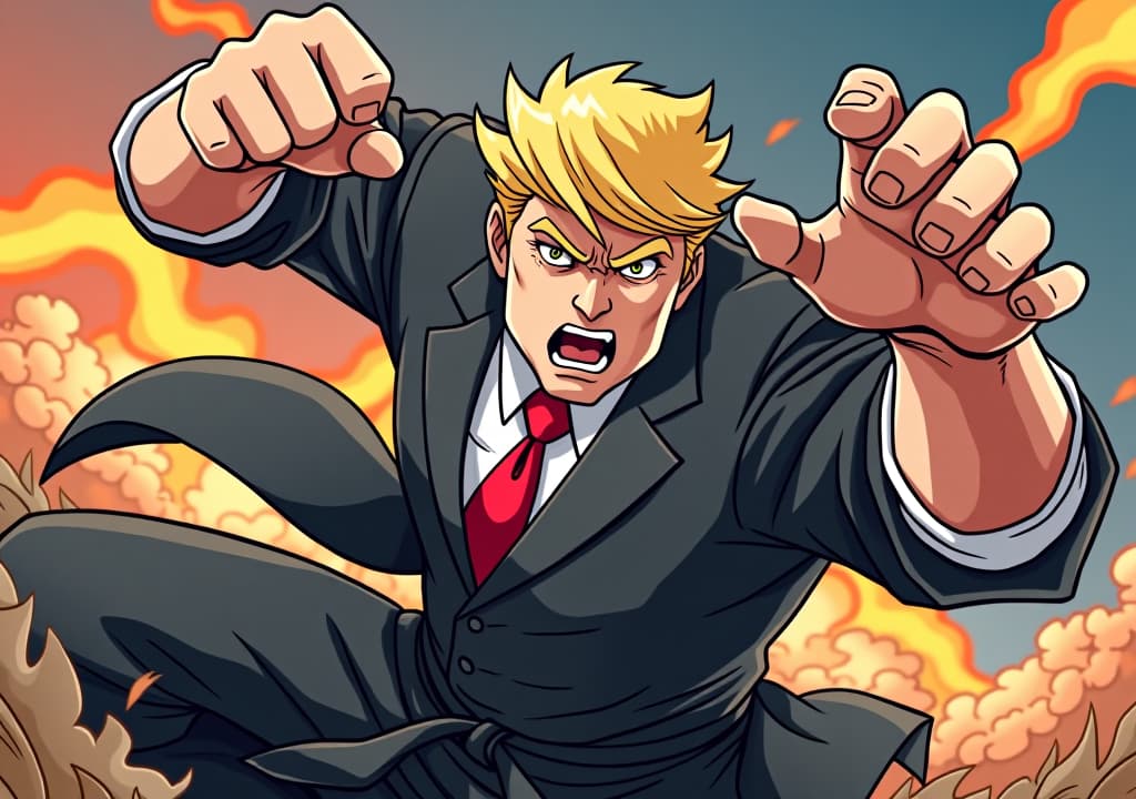  anime, anime sytle, anime image, cartoon, real cartoon, real anime, donald trump fighting gojo satoru from jujutsu kaisen