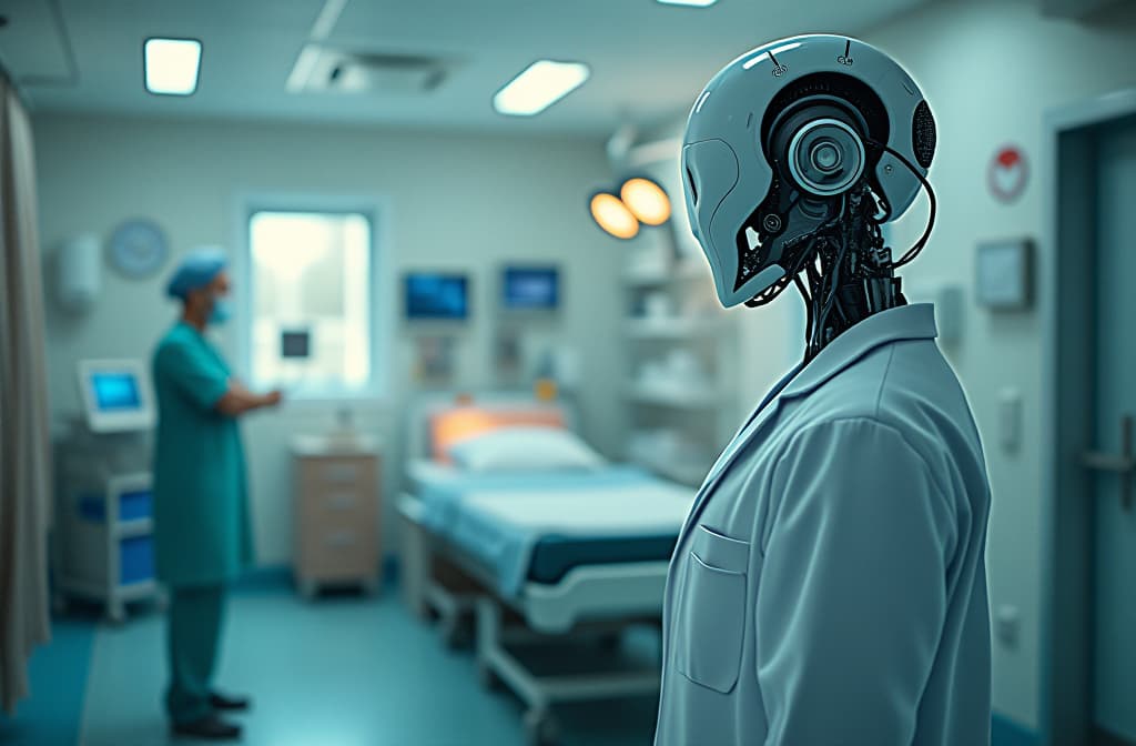  professional detailed photography, futuristic hospital room with ai robot doctor. generative ai. ar 3:2, (muted colors, dim colors, soothing tones), (vsco:0.3)