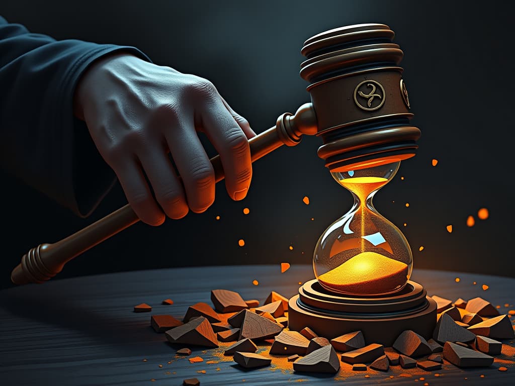  a gavel striking an hourglass, fragments of sand glowing as they scatter. this symbolizes judgment and the weight of moral decisions. the gavel is intricately carved with symbols of balance and justice. dynamic action, themes of integrity and consequence.. the style is dark fantasy and mysterious occult, symbolic, moody lighting, esoteric vibe,high detail on character design. for the color scheme emphasize blacks and reds.