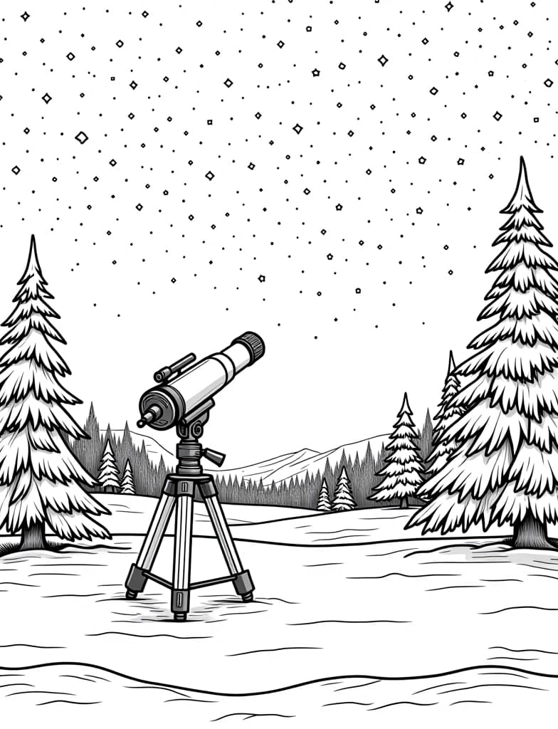  this is for an adult coloring page. a detailed black and white line art of a snowy winter stargazing scene with a telescope set up in the snow on a solid white background.