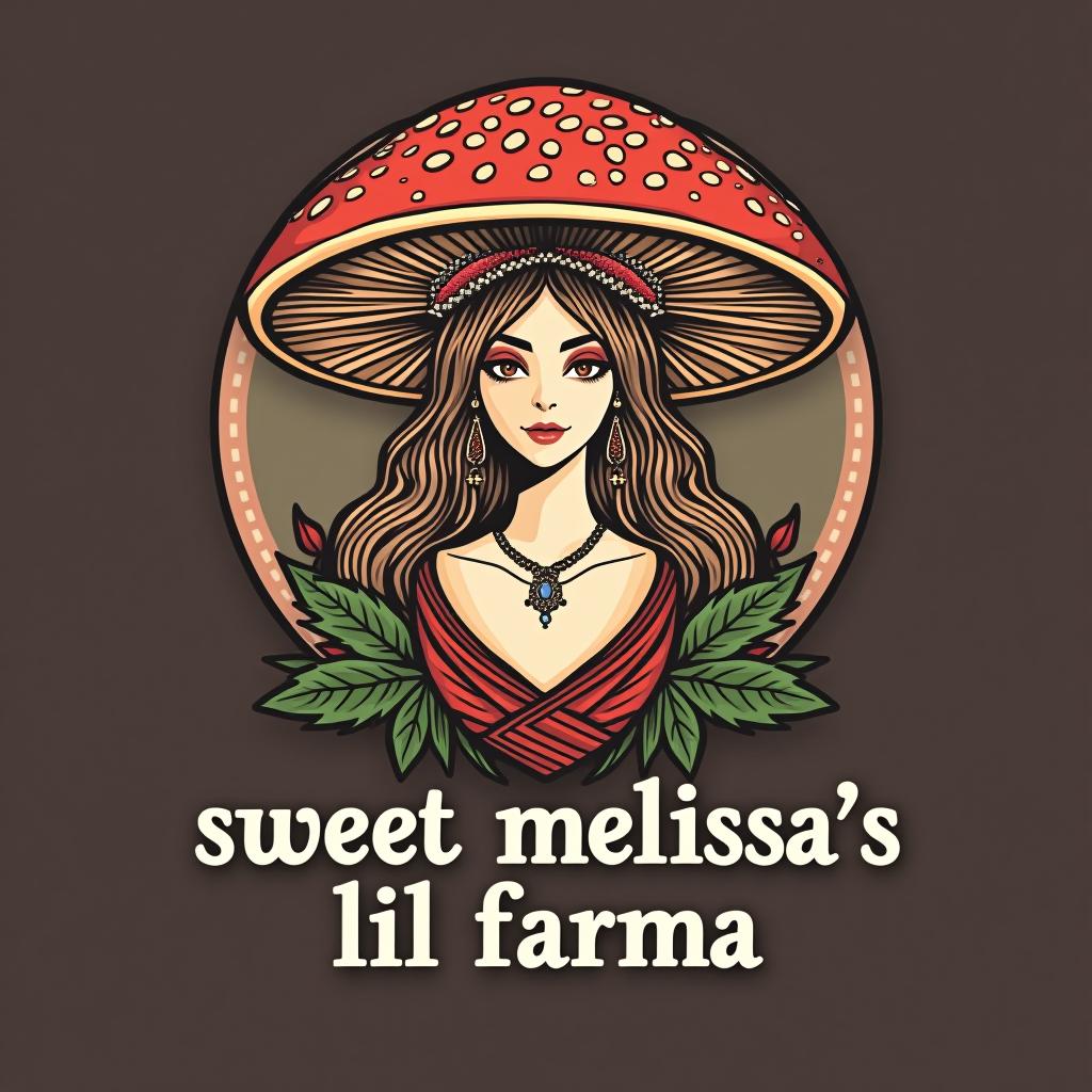  design a logo, mushroom goddess , with the text 'sweet melissa’s lil farma'.