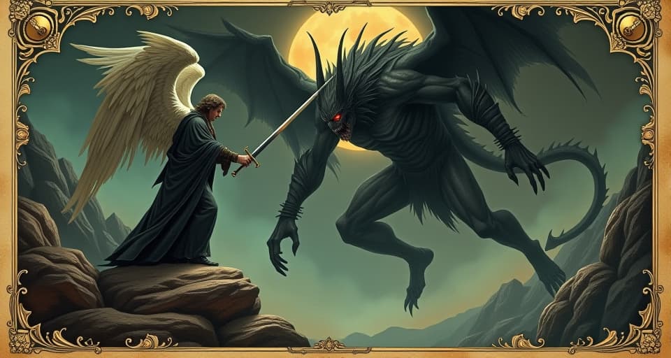  a vivid scene of an angelic warrior defeating a colossal demon, sword piercing the dark creature, abyss opening below, divine light illuminating the scene. an illustration in the style of a worn, mystical old tarot trump card, mysterious and elements of surrealism. the colors are muted, somber and eerie, but with contrast bring out an occult and esoteric vibe.