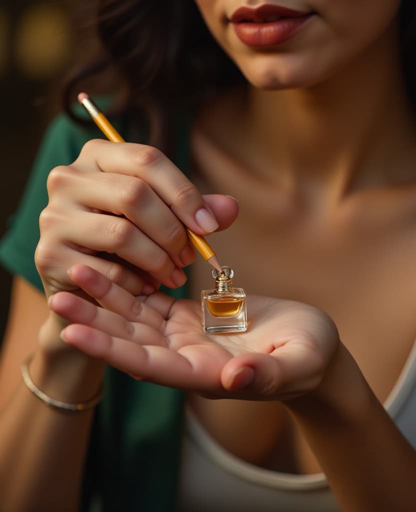  hdr photo of a woman applies a small amount of perfume to her wrist, hands, small pencil, application, close up . high dynamic range, vivid, rich details, clear shadows and highlights, realistic, intense, enhanced contrast, highly detailed