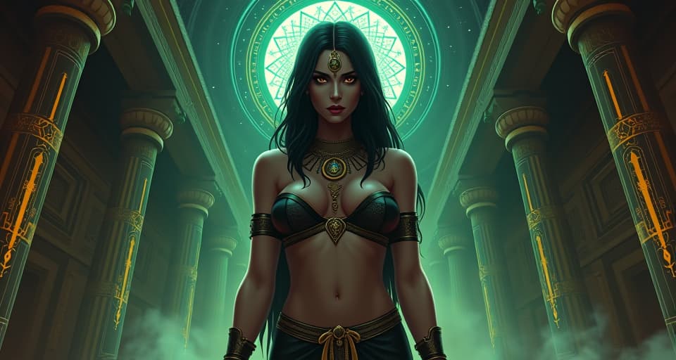  ghostly specter, haunted eyes, in an ancient chamber filled with occult symbols, large busted enchantress in tight, sheer garment, constant whisper of misdeeds. the style is digital art illustration / modern comic book / mysterious occult, symbolic, esoteric vibe,high detail on character design, incorporating ancient egyptian symbology and attire.