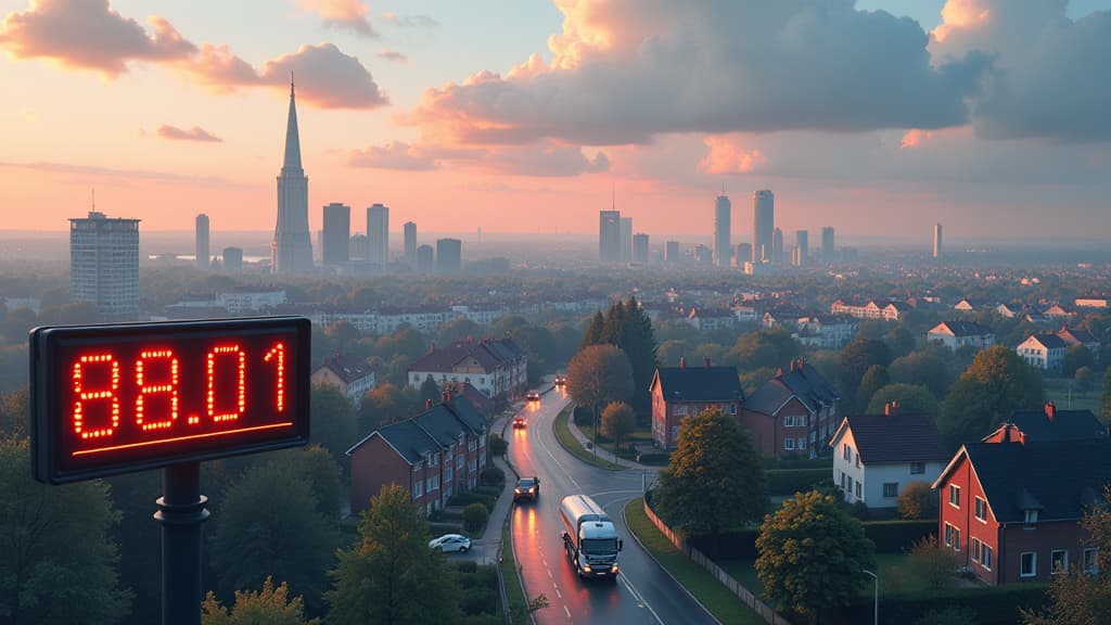  prompt: create a hyper realistic image showcasing the city of bottrop with a focus on heating oil prices. the scene should feature a detailed cityscape of bottrop with prominent buildings and residential areas. incorporate elements like a digital display showing the current heating oil price of 88.01 euros for 100 liters. include a fluctuating graph representing the price development over the last month. highlight a residential area with houses using heating oil and a supply truck delivering oil