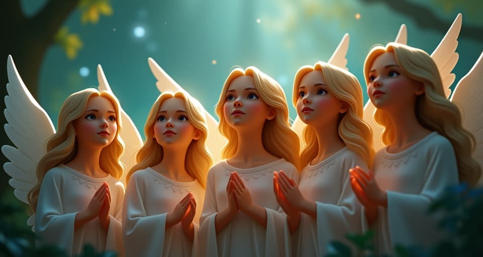  an angelic choir in an enchanted forest, their expressions reflecting reverence. they listen intently, surrounded by an aura of divine presence and spiritual outpouring.. the style is digital art illustration,highly detailed, whimsical,magical, dreamlike atmosphere, realism and fantasy blend, smooth, glossy textures,luminous quality, wonder and enchantment.