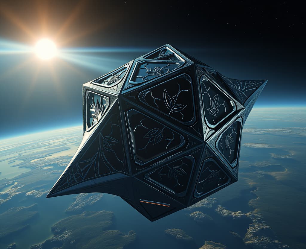  a stunning shot of an alien spaceship in the shape of an icosahedron, orbiting earth. the spaceship is metallic and has intricate designs etched into its surface, reflecting light in various colors. earth is visible in the background, showcasing its blue oceans and green landmasses. the scene is set in the vastness of space, with stars twinkling in the distance. the lighting is dramatic, with the sun illuminating one side of the spaceship, creating a contrast between light and shadow. shot on a high resolution camera. hyperrealistic, full body, detailed clothing, highly detailed, cinematic lighting, stunningly beautiful, intricate, sharp focus, f/1. 8, 85mm, (centered image composition), (professionally color graded), ((bright soft diffused light)), volumetric fog, trending on instagram, trending on tumblr, HDR 4K, 8K