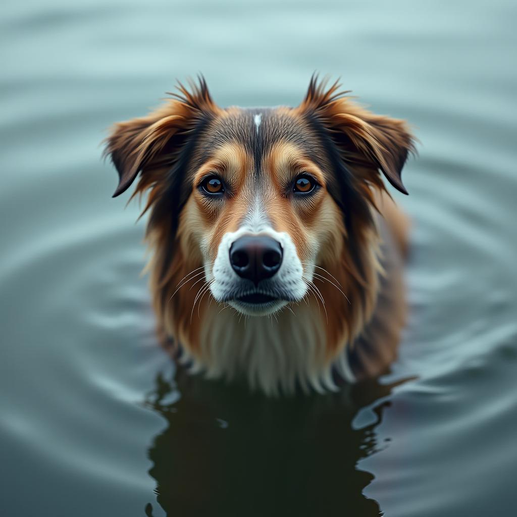  dog in the water hyperrealistic, full body, detailed clothing, highly detailed, cinematic lighting, stunningly beautiful, intricate, sharp focus, f/1. 8, 85mm, (centered image composition), (professionally color graded), ((bright soft diffused light)), volumetric fog, trending on instagram, trending on tumblr, HDR 4K, 8K