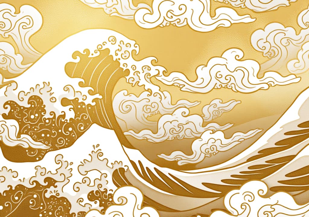  classic gold and white japanese brush art pattern background with a seamless wave and cloud motif