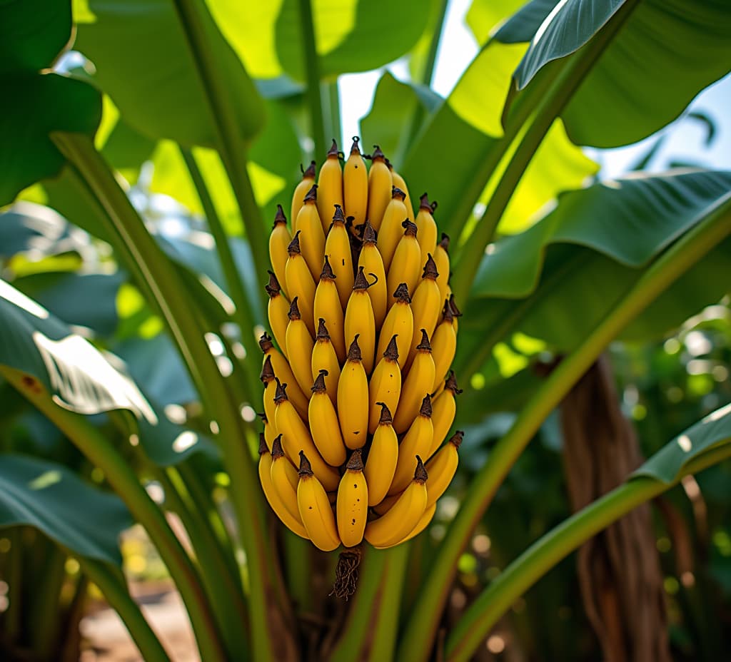  outdoors sunny garden full of tropical banana tree plants full of a bunch of yellow ripe banana fruits and large exotic green leaves casting the shadow. organic food growth, plantation and farming