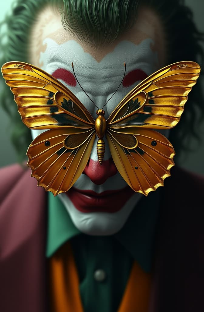  a golden butterfly with the joker and the name of the joker and the butterfly written on the cover, realistic, portrait, art by donato giancola and greg rutkowski, realistic face, digital art, trending on artstation hyperrealistic, full body, detailed clothing, highly detailed, cinematic lighting, stunningly beautiful, intricate, sharp focus, f/1. 8, 85mm, (centered image composition), (professionally color graded), ((bright soft diffused light)), volumetric fog, trending on instagram, trending on tumblr, HDR 4K, 8K