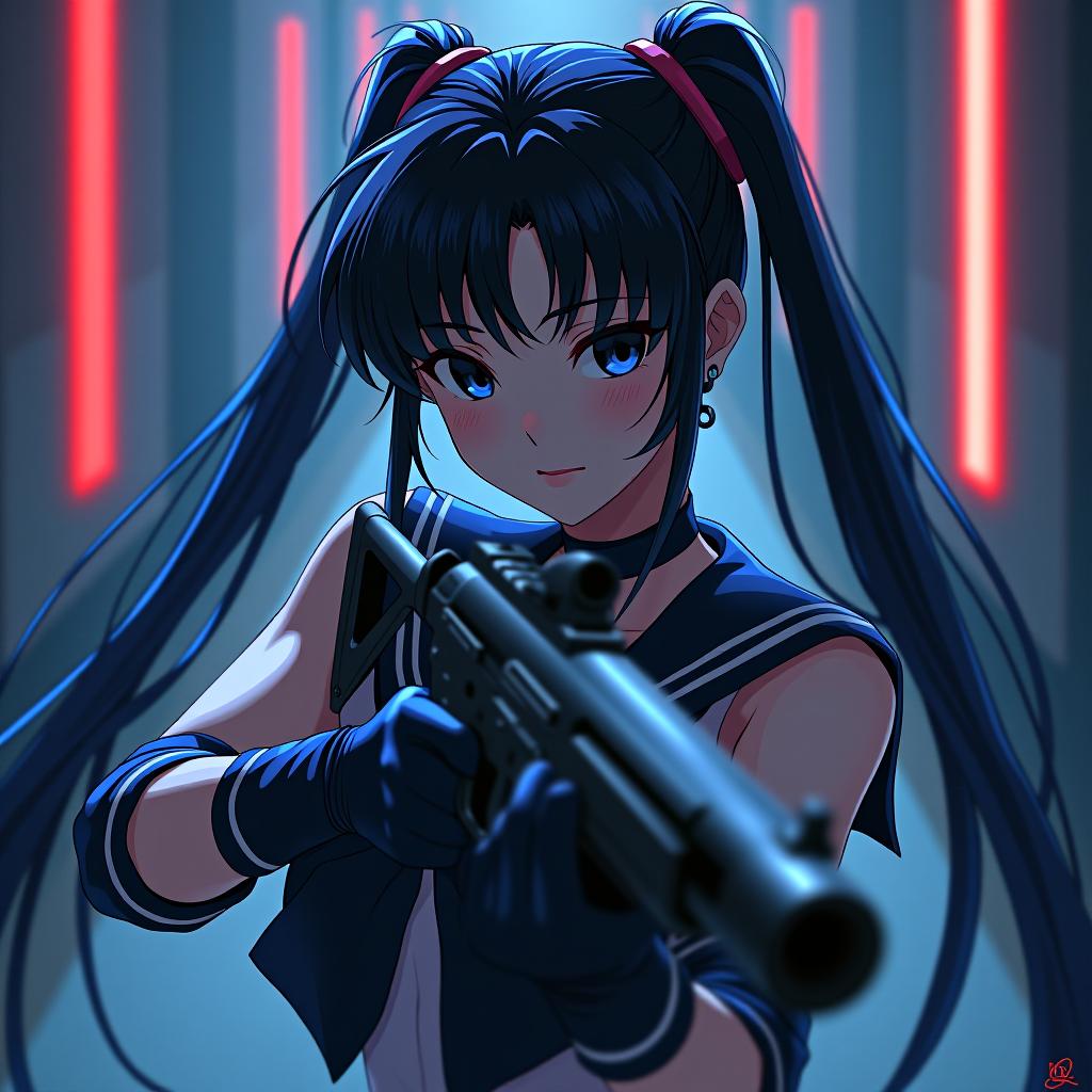  sailor moon,a girl in a black and bluesailor suit with a machine gun in her hands, look at the camera,hideo kojimayanjun cheng,neoclassicism,anime stylechiaroscuro, first person viewanatomically correct,uhd textured skin, award winning high details,hd, 16k niji5 ar 2:3, award winning, professional, highly detailed, masterpiece