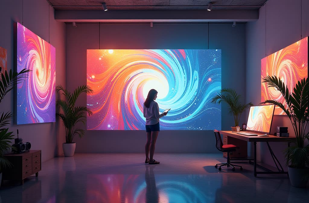  "an artist's studio filled with vibrant colors and advanced digital screens displaying a mesmerizing blend of traditional painting and futuristic ai generated art. the walls are adorned with a collage of abstract digital artworks coming to life, while a figure stands in the center, experimenting with a stylus and tablet, surrounded by ethereal holograms of creative concepts swirling around. soft, warm lighting adds a touch of inspiration and magic to the scene." hyperrealistic, full body, detailed clothing, highly detailed, cinematic lighting, stunningly beautiful, intricate, sharp focus, f/1. 8, 85mm, (centered image composition), (professionally color graded), ((bright soft diffused light)), volumetric fog, trending on instagram, trending on tumblr, HDR 4K, 8K